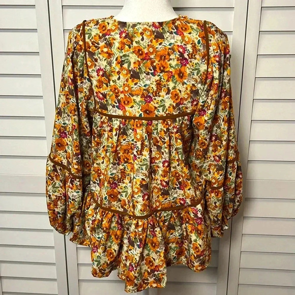 This & That Floral Boho Balloon Sleeve Ruffle Peasant Top Size Small - Picture 10 of 10